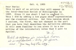 [Tarjeta] 1965 oct. 4, [Estados Unidos?] [a] Doris [Dana]