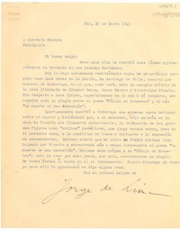 [Carta] 1943 ene. 29, Rio [de Janeiro, Brasil] [a] Gabriela Mistral, Petrópolis, [Brasil]