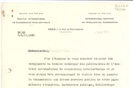 [Carta] 1934 mars 7, Paris, 2 Rue de Montpensier, [France] [a la] Mademoiselle Gabriela Mistral, Consul du Chili à Madrid, Consulat du Chili, Madrid, Espagne