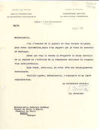 [Carta] 1935 oct. 14, Paris, 2 Rue de Montpensier, [France] [a la] Mademoiselle Gabriela Mistral, Consul du Chili à Madrid, Consulat du Chili, Madrid, Espagne