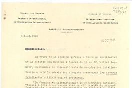 [Carta] 1935 oct. 30, Paris, 2 Rue de Montpensier, [France] [a] [a la] Mademoiselle Gabriela Mistral, Déléguée du Chili auprés de l'I.I.C.I., Consulat du Chili, Madrid, [Espagne]