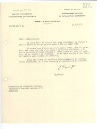 [Carta] 1936 juin 25, Paris, [Francia] [a] Mademoiselle Gabriela Mistral, Lisbonne