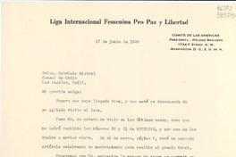 [Carta] 1946 jun. 17, Washington D. C., [Estados Unidos] [a] Srita. Gabriela Mistral, Consul de Chile, Los Angeles, Calif.