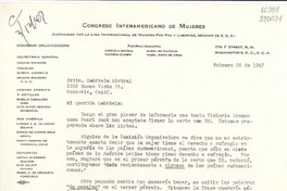 [Carta] 1947 feb. 26, Washington D. C., [Estados Unidos] [a] Srita. Gabriela Mistral, 1305 Buena Vista St., Monrovia, Calif.