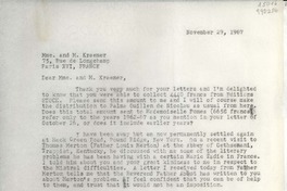 [Carta] 1967 Nov. 29, Hack Green Road, Pound Ridge, N.Y., [EE.UU.] [a la] Mme. and M. Kraemer, 75, Rue de Longchamp, Paris XVI, France
