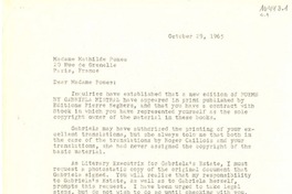[Carta] 1965 Oct. 29, Hack Green Road, Pound Ridge, New York, [EE.UU.] [a] Madame Mathilde Pomes, 20 Rue de Grenelle, Paris, France