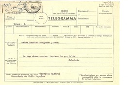 [Telegrama] 1952 ago. 2?, Consulado de Chile, Napoles, [Italia] [a] Palma Nicolau, Roma, [Italia]