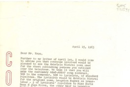 [Carta] 1963 Apr. 15, [EE.UU.] [a] Mr. Kapp, General Music Publishing Co., 53 E. 54th St., New York 22, N. Y., [EE.UU.]