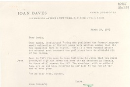 [Carta] 1972 Mar. 23, New York, [Estados Unidos] [a] Ms. Doris Dana, Bridgehampton, L. I.