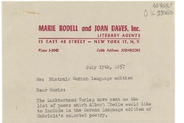 [Carta] 1957 July 19, New York, [Estados Unidos] [a] Miss Doris Dana, 204 East 20th St., New York