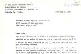 [Carta] 1971 Feb. 2, Madrid, Spain [a] William Mirris Agency Incorporated, 1350 Avenue of the Americas, New York, N. Y.