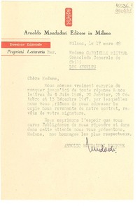 [Carta] 1948 mars 17, Milano, [Italia] [a] Madame Gabrielle [i.e. Gabriela] Mistral, Consolado Generale de Chili, Los Angeles