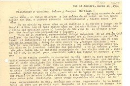 [Carta] 1944 mar. 14, Rio de Janeiro, [Brasil] [a los] Respetados y queridos Raissa y Jacques Maritain