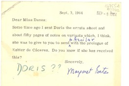 [Tarjeta] 1964 Sept. 3, Washington D. C., [EE.UU.] [a] Dear Miss Daves