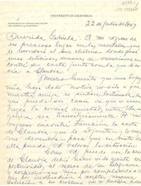 [Carta] 1947 jul. 22, [California, Estados Unidos] [a] Gabriela [Mistral]