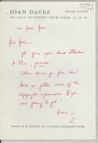 [Carta] [1966], 145 East 49 Street, New York 17, N. Y., [EE.UU.] [a] Doris Dana