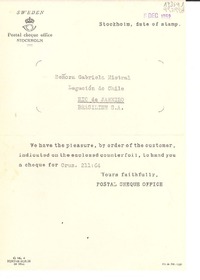 [Carta] 1952 Dec. 6, Stockholm, Sweden [a la] Señora Gabriela Mistral, Legación de Chile, Rio de Janeiro, Brasilien S.A., [Brazil]