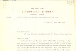 [Carta] 1950 June 20, Aktiebolaget P. A. Norstedt & Soner, Tryckerigatan 2, Stockholm 2, [Sweden] [a] Miss Doris Dana, co Miss Gabriela Mistral, Apartado 21, Jalapa, Veracruz, Mexico
