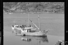 [Iansa (Chile) : Lanchas con sus pescadores y en la orilla sacos preparados para su transporte]