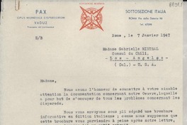 [Carta] 1947 janv. 7, Roma, [Italia] [a] Gabriela Mistral, Los Ángeles, California