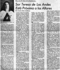Sor Teresa de Los Andes está próxima a los altares