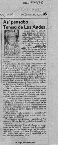 Así pensaba Teresa de Los Andes  [artículo] Hugo Montes Brunet.