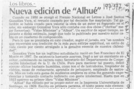 Nueva edición de "Alhué"  [artículo] Alberto Arraño.