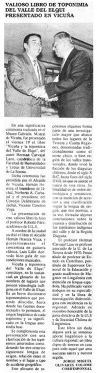 Valioso libro de toponimia del Valle del Elqui presentado en Vicuña