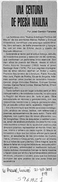 Una centuria de poesía maulina  [artículo] José Carrión Canales