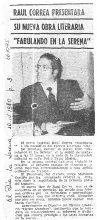 Raúl Correa presentará su nueva obra literaria "Fabulando en la Serena".  [artículo]