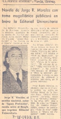 Novela de Jorge R. Morales con tema magallánico publicará en breve la Editorial Universitaria.