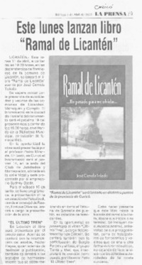 Este lunes lanzan libro "Ramal de Licanten".