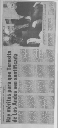 Hay méritos para que Teresita de Los Andes sea santificada.