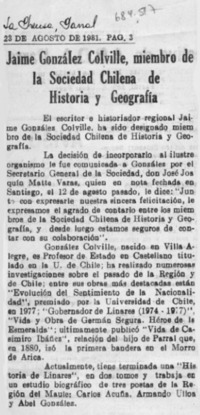Jaime González Colville, miembro de la Sociedad Chilena de Historia y Geografía.