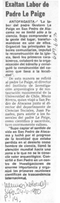 Exaltan labor del Padre Le Paige.