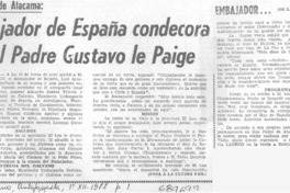 Embajador de España condecora hoy al padre Gustavo Le Paige.
