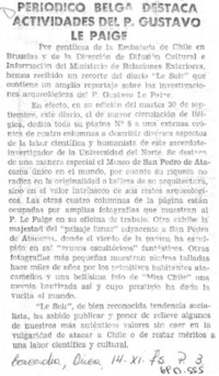 Periódico belga destaca actividades del P. Gustavo Le Paige.