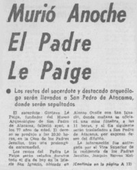 Murió anoche el padre Le Paige.