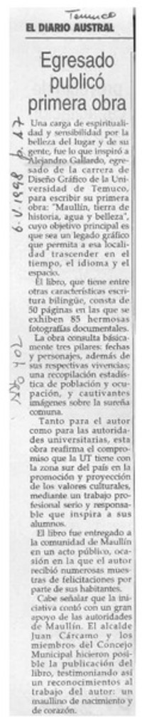 Egresado publicó primera obra  [artículo].