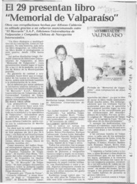 El 29 presentan libro "Memorial de Valparaíso"  [artículo].
