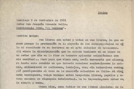 [Carta] 1931 noviembre 8, Santiago, Chile [a] Joaquín Edwards Bello