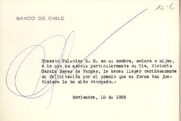 [Tarjeta] 1959 noviembre 18, Santiago, [Chile] [a] Joaquín Edwards Bello