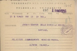 [Telegrama] 1959 noviembre 19, Temuco, [Chile] [a] Joaquín Edwards Bello