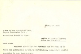 [Carta] 1957 apr. 12, New York [a] Clerk of the Surrogates Court, New York