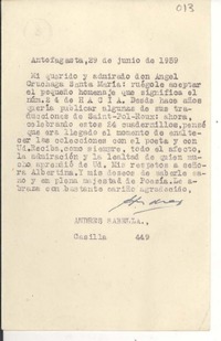 [Carta] 1959 jun. 29, Antofagasta, Chile [a] Ángel Cruchaga Santa María