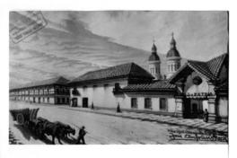 [Calle Alameda con San Ignacio. Se divisa una carreta de bueyes, y dos torres de iglesia]