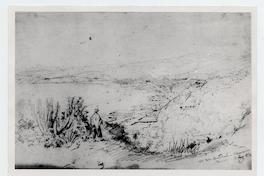 [Dibujo del puerto de Valparaíso, sector del Almendral. Vista desde un cerro, con un hombre mirando hacia el puerto]