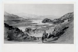 [Vista del Río Maule y Río Claro, con un campesino bajando por un camino]