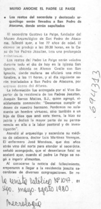 Murió anoche el padre Le Paige.