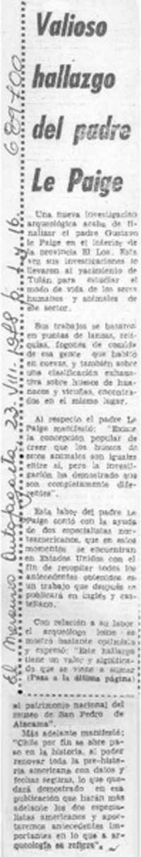 Valioso hallazgo del padre Le Paige.